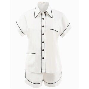 Womens Bamboo Pajama Set White Button Front Short Sleeve Top & Shorts & eye mask